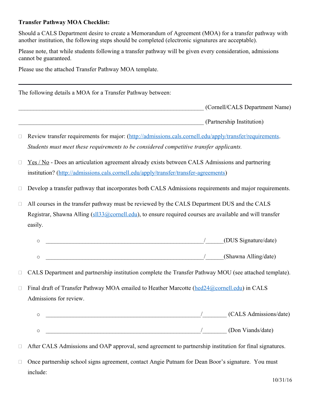 Transfer Pathway MOA Checklist