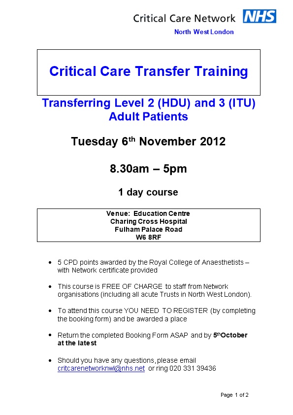 Transferring Level 2 (HDU) and 3 (ITU) Adult Patients