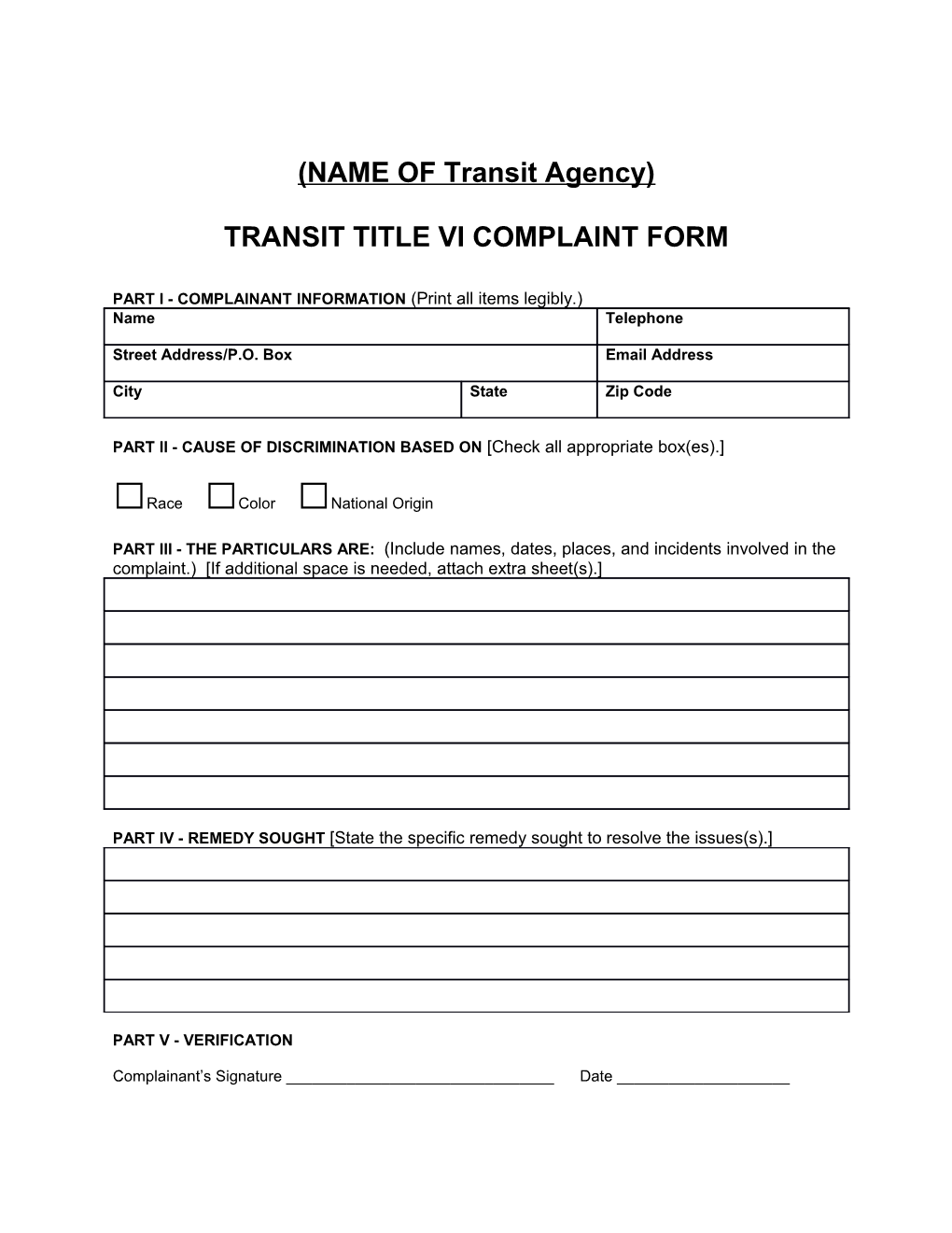 Transit Title Vi Complaint Form