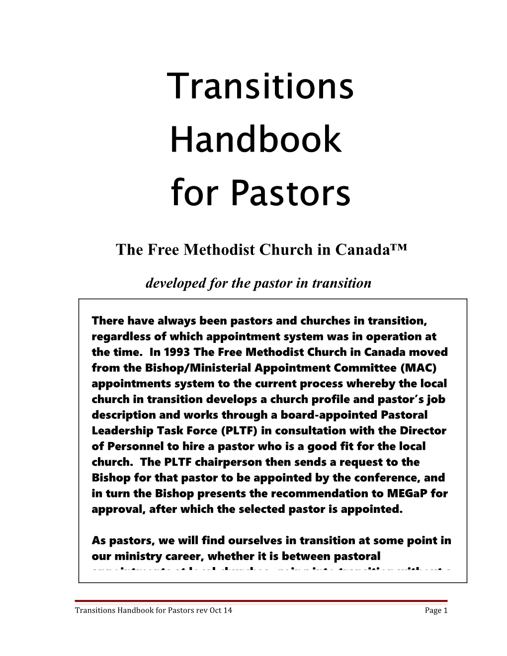 Transitions Handbook for Pastors
