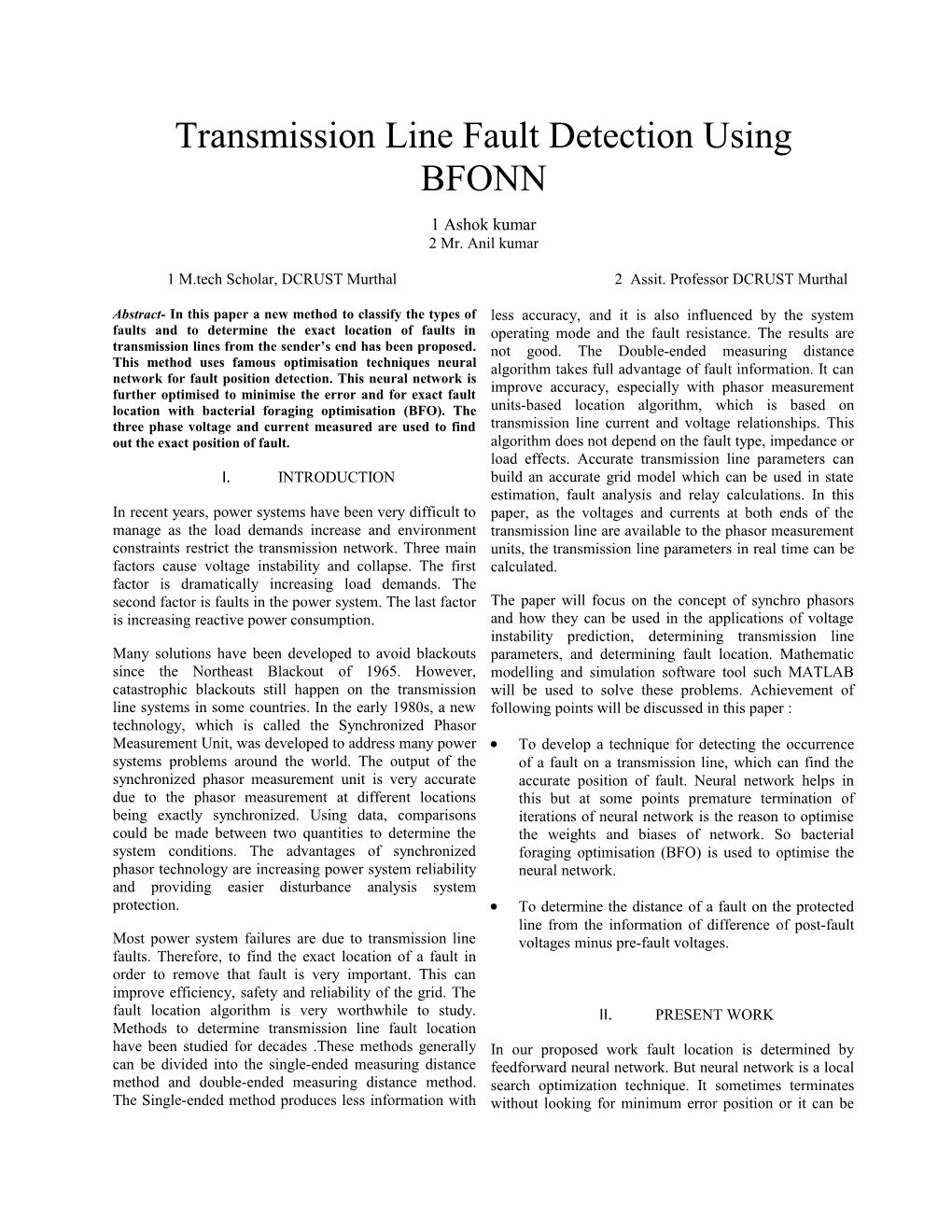 Transmission Line Fault Detection Using BFONN