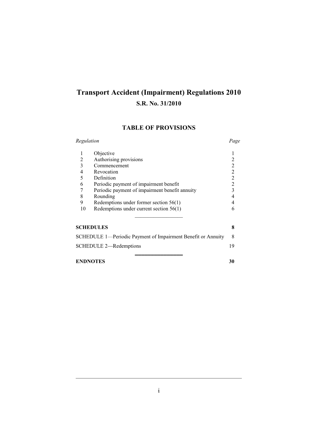 Transport Accident (Impairment) Regulations 2010