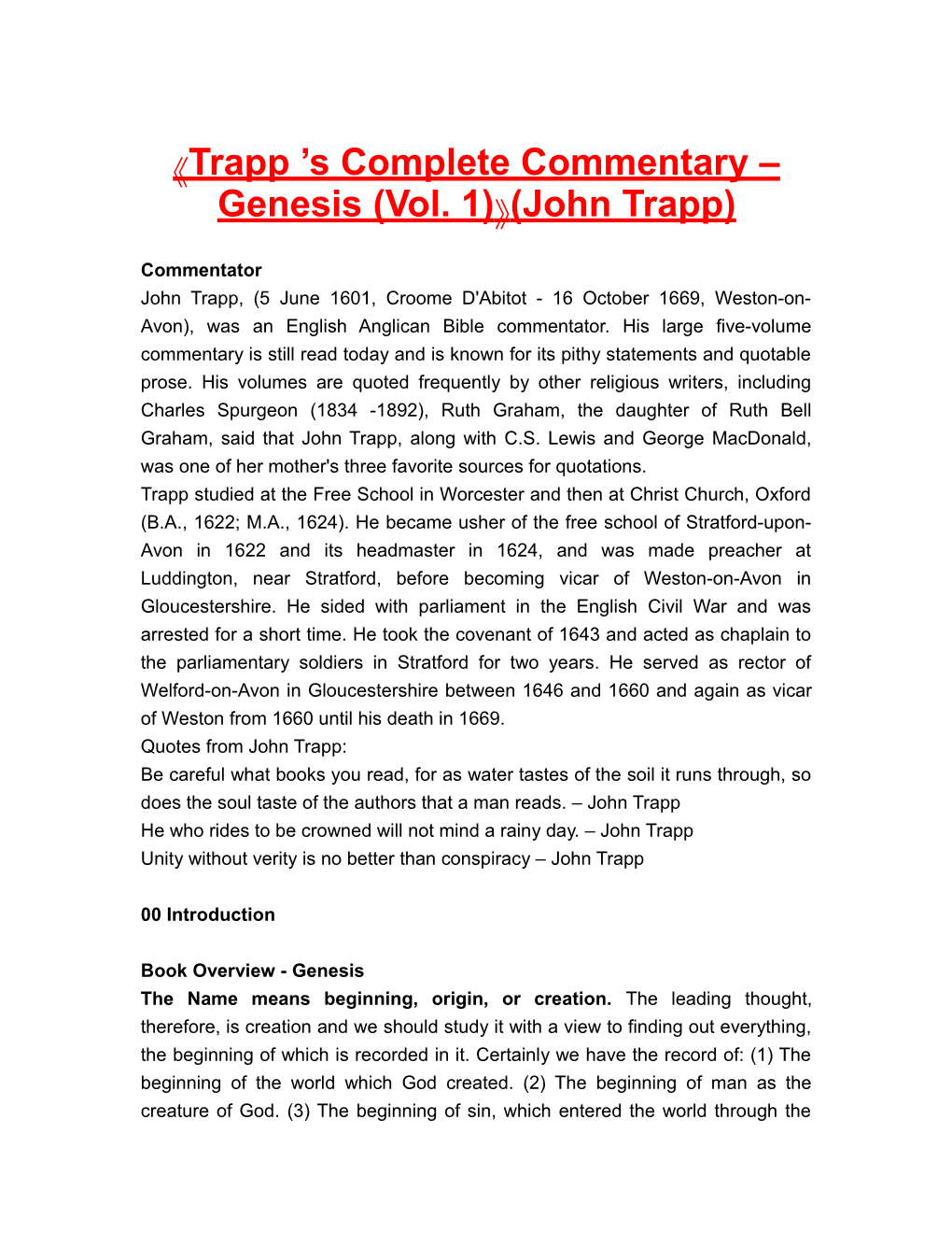 Trapp S Complete Commentary Genesis (Vol. 1) (John Trapp)