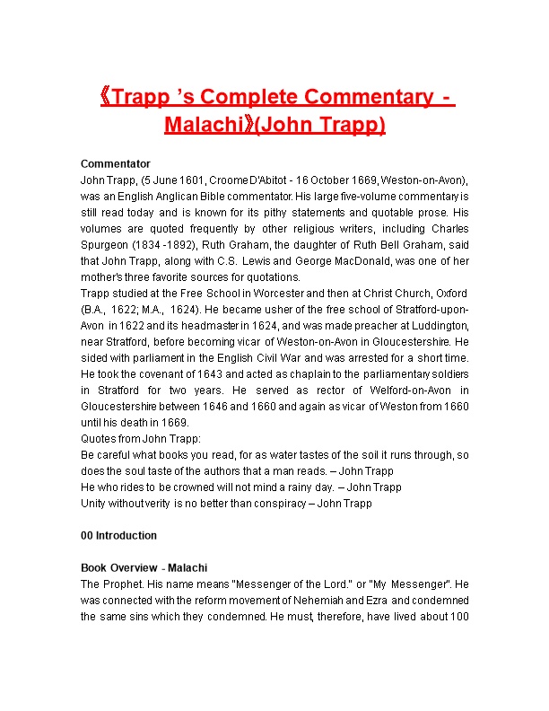Trapp S Complete Commentary - Malachi (John Trapp)