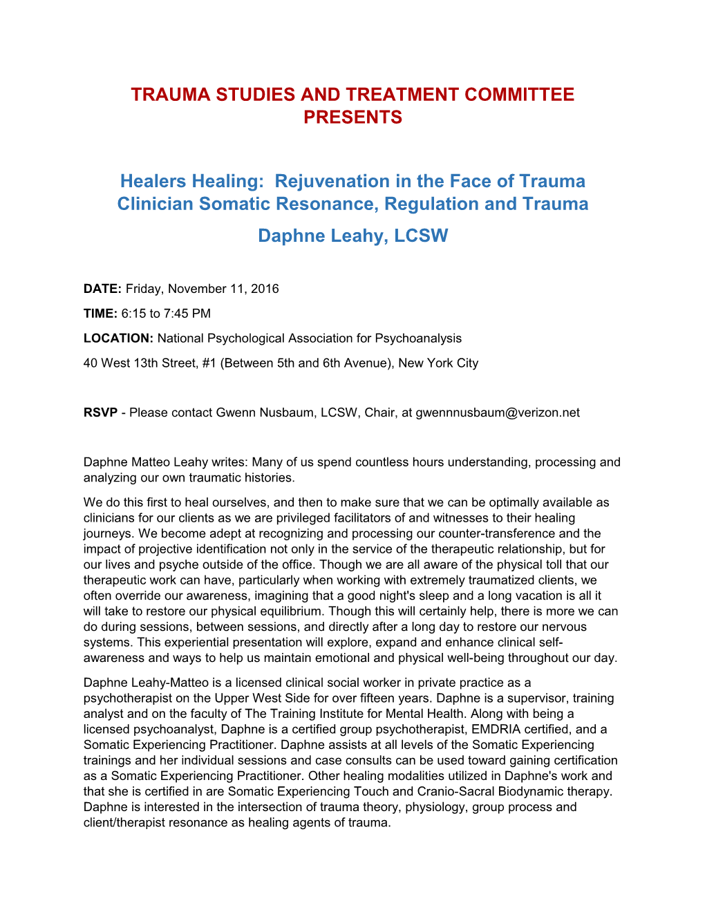 Trauma Studies and Treatment Committee Presents