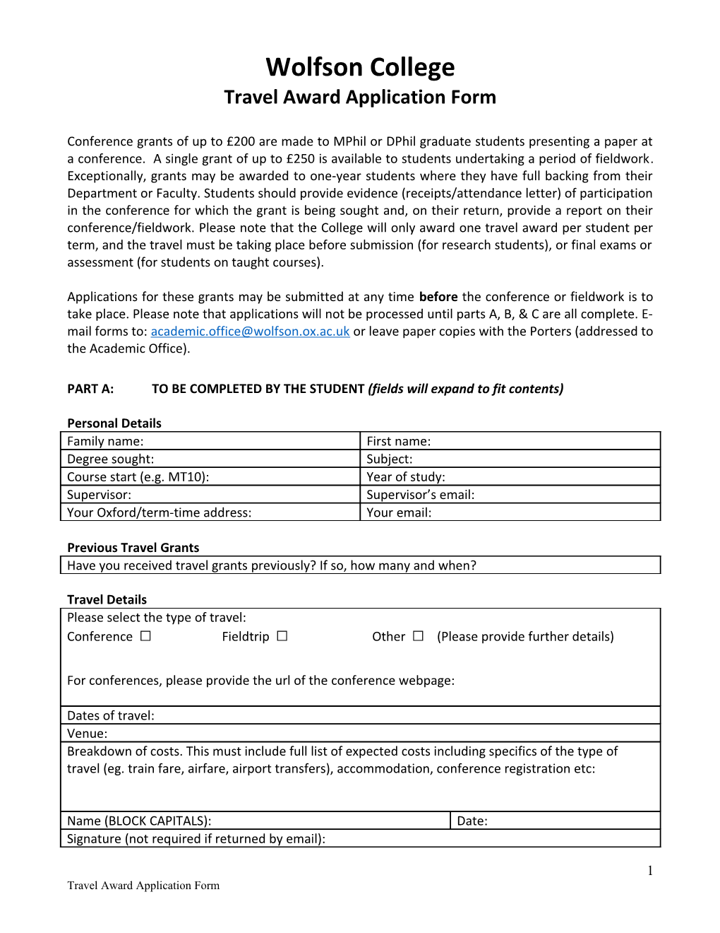 Travel Award Application Form