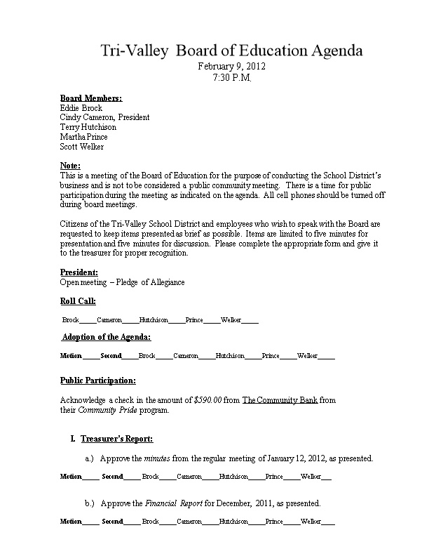 Tri-Valley Board of Education Agenda December 7, 2011