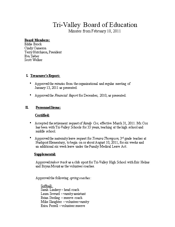 Tri-Valley Board of Education Agenda February 10, 2011