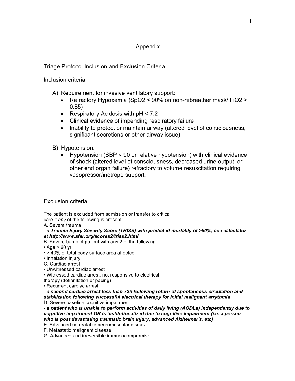 Triage Protocol Inclusion and Exclusion Criteria