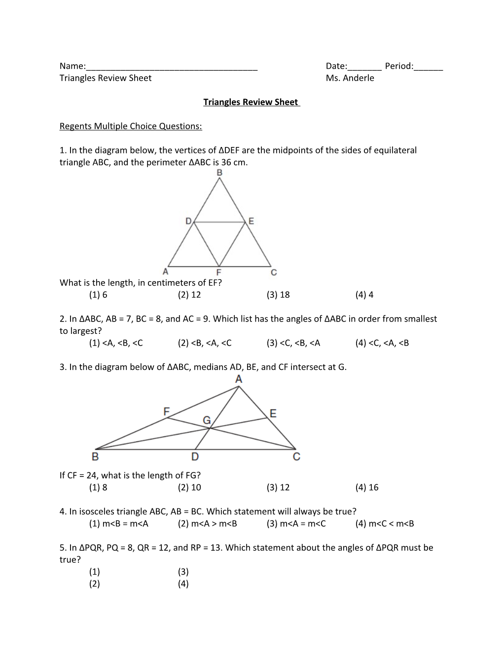 Triangles Review Sheetms. Anderle