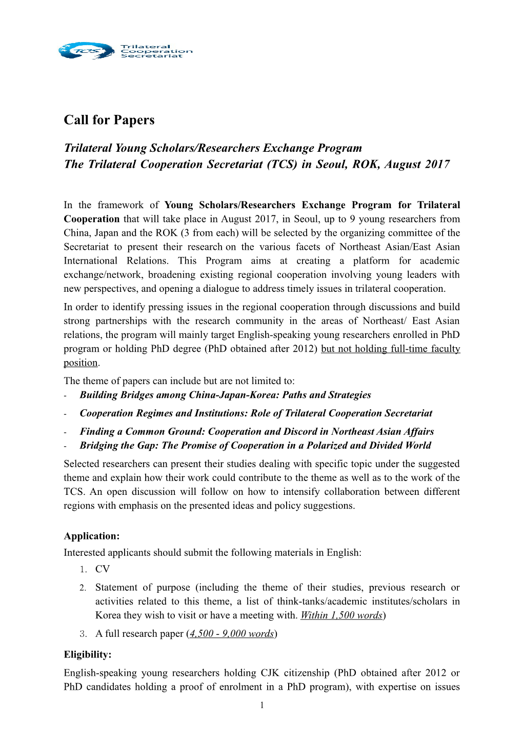 Trilateral Young Scholars/Researchers Exchange Program