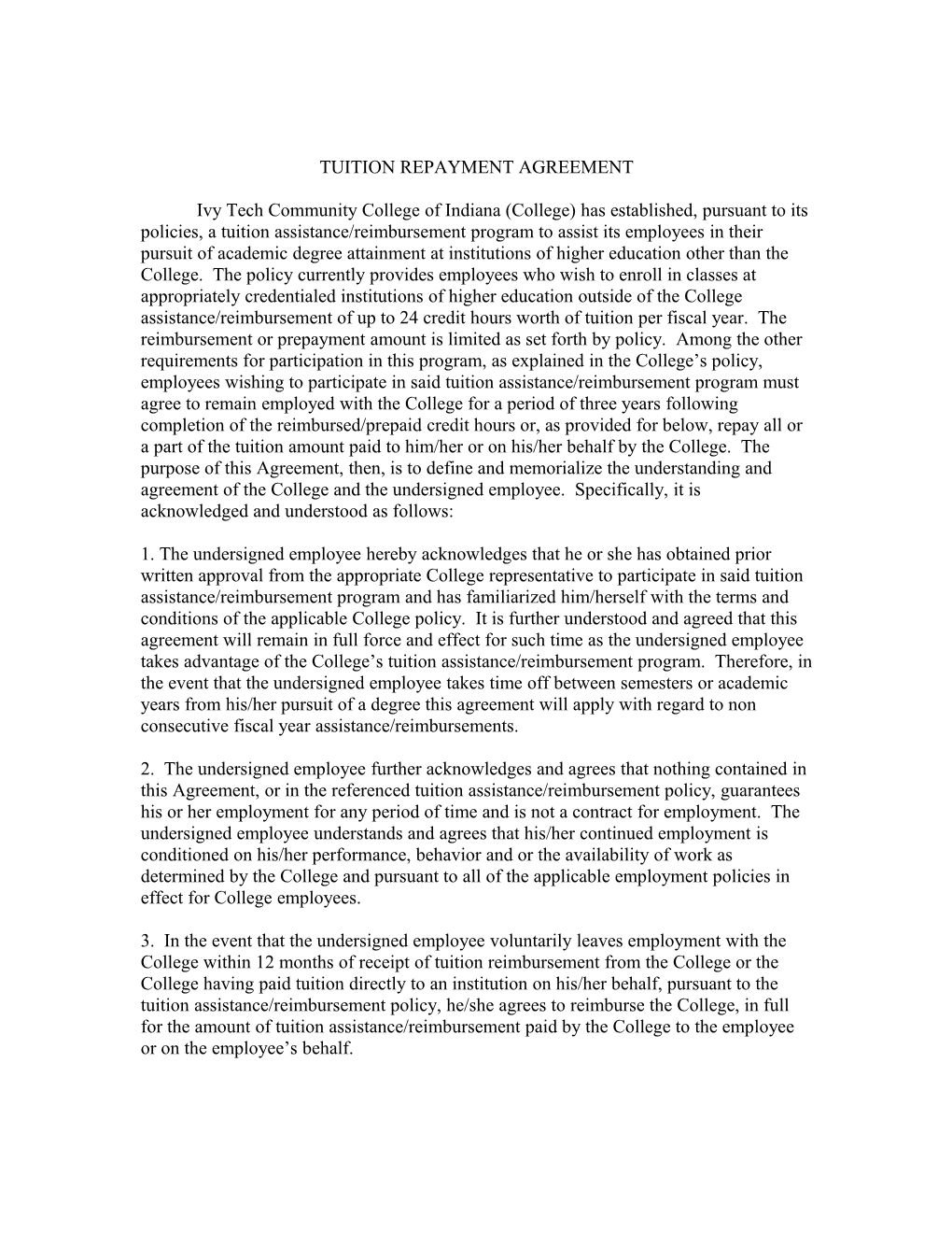 Tuition Reimbursement Repayment Agreement