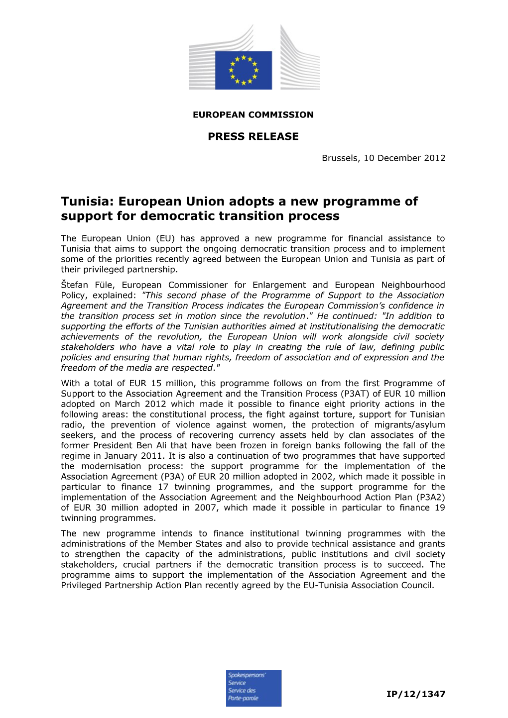 Tunisia: European Union Adopts a New Programme of Support for Democratic Transition Process