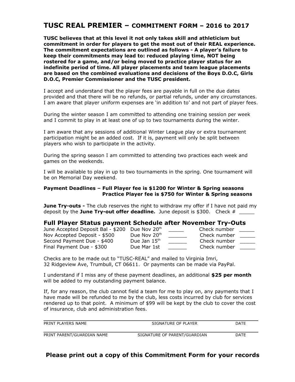 TUSC REAL PREMIER COMMITMENT FORM 2016 to 2017