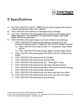 TVD-1103/TVD-3103 IP 1.3MPX VF Mini Dome Camera A&E Specifications