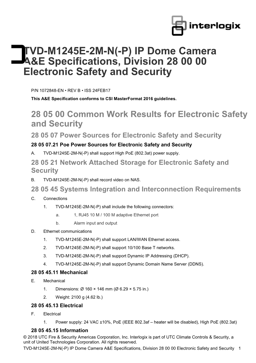TVD-M1245E-2M-N(-P) IP Dome Camera A&E Specifications, Division 28 00 00 Electronic Safety