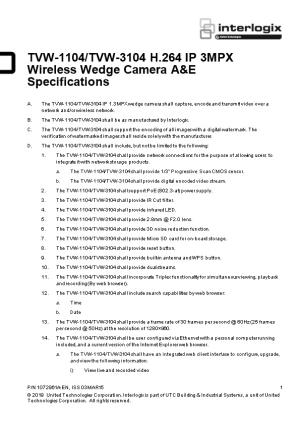 TVW-1104/TVW-3104 H.264 IP 3MPX Wireless Wedge Camera A&E Specifications