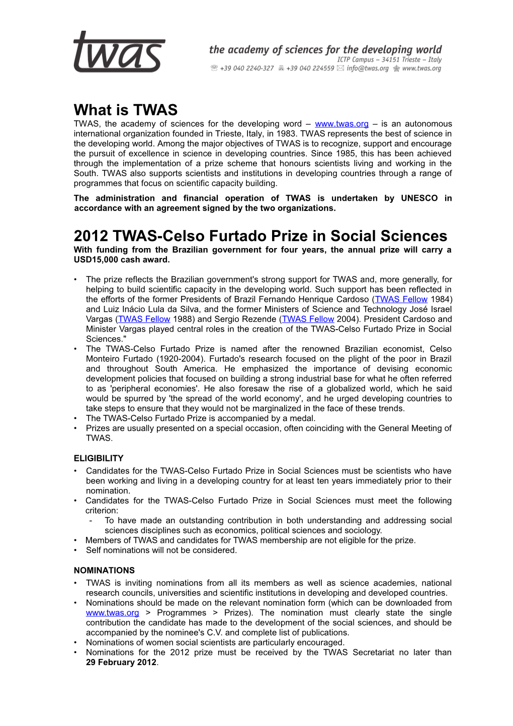 TWAS Prizes - General Information 2009