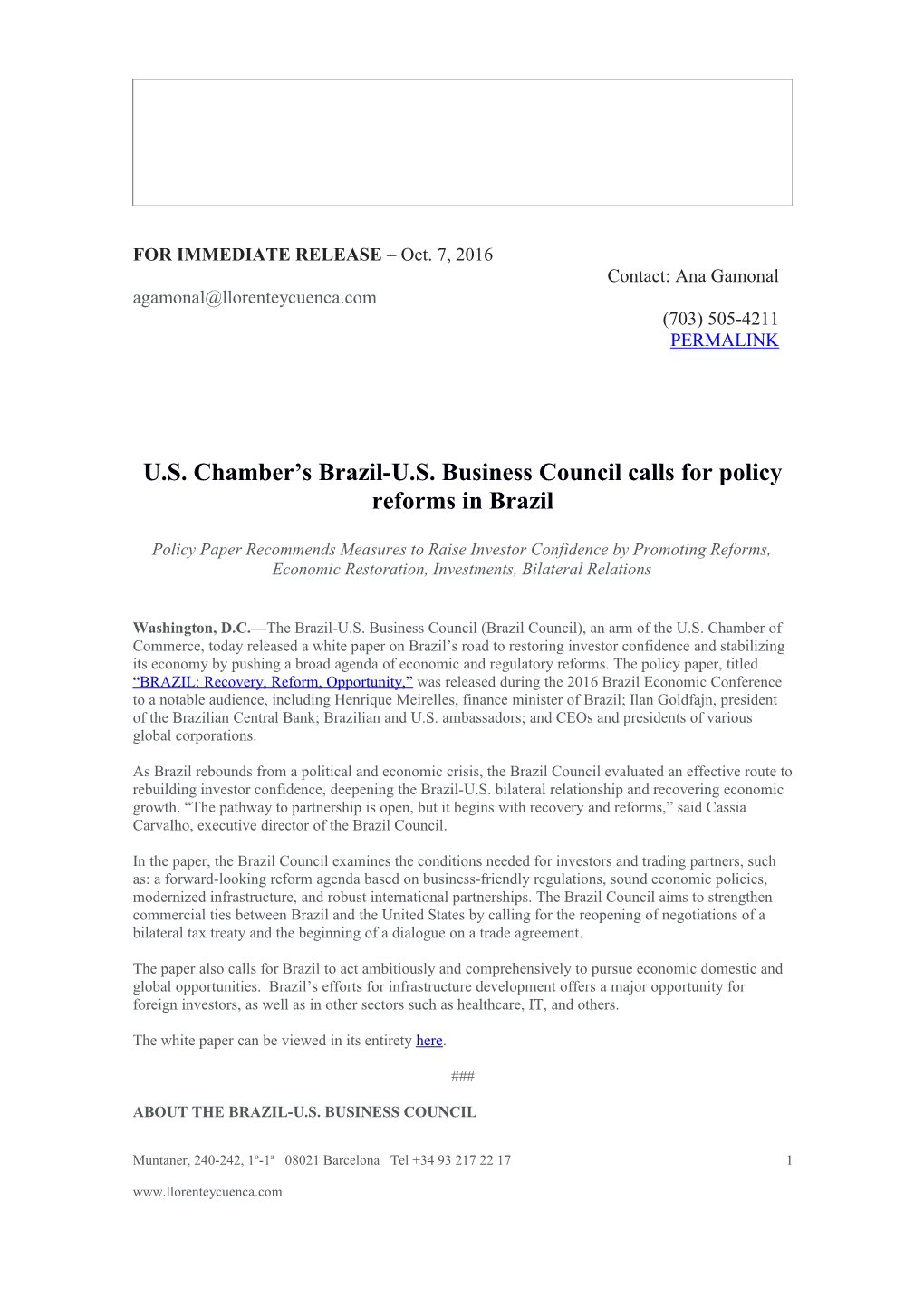 U.S. Chamber S Brazil-U.S. Business Council Calls for Policy Reforms in Brazil
