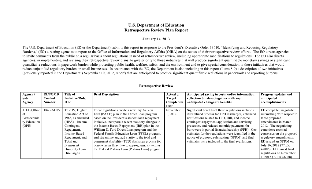 U.S. Department of Education: Retrospective Review Plan Report January 14, 2013 (MS Word)