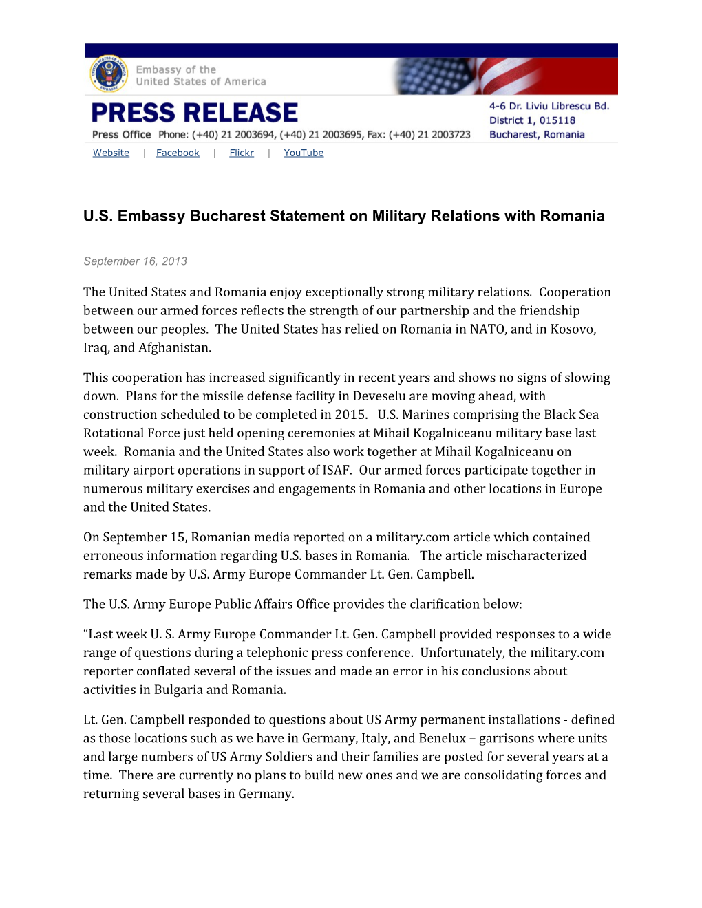 U.S. Embassy Bucharest Statement on Military Relations with Romania