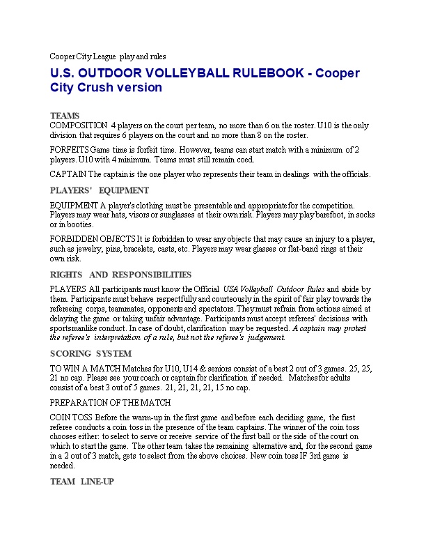U.S. OUTDOOR VOLLEYBALL RULEBOOK - Cooper City Crush Version