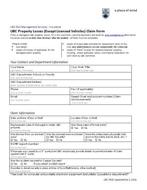 UBC Property Losses (Except Licensed Vehicles) Claim Form