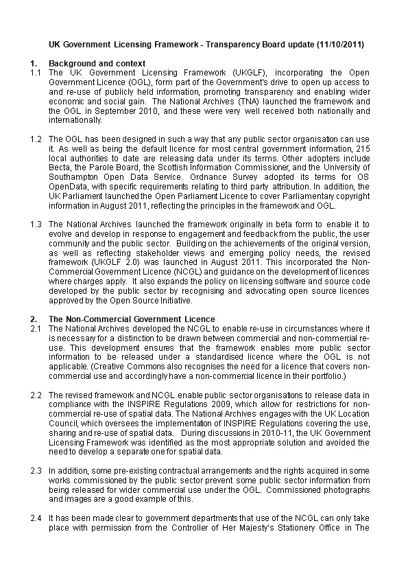 UK Government Licensing Framework - Transparency Board Update (11/10/2011)