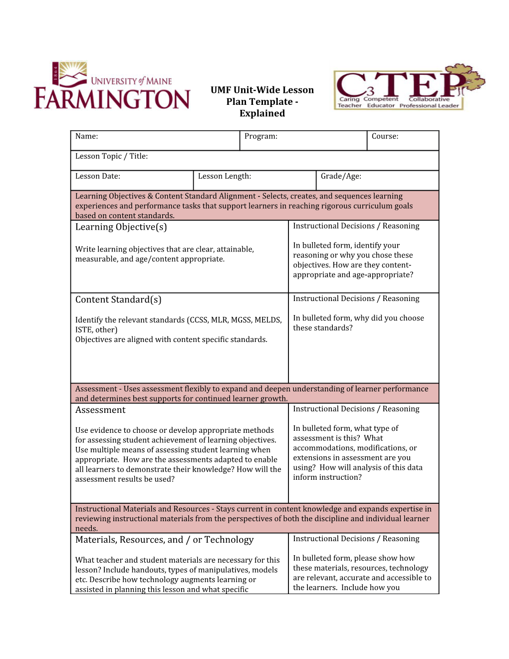 UMF Unit Wide Lesson Plan Template Explained Docest