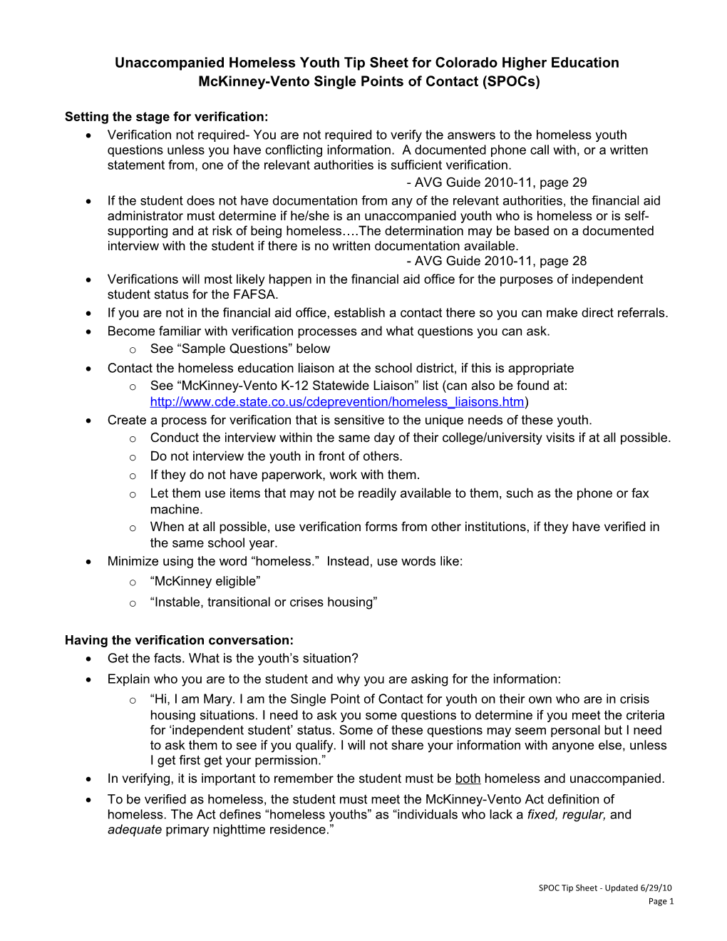 Unaccompanied Homeless Youth Tip Sheet for Colorado Higher Education