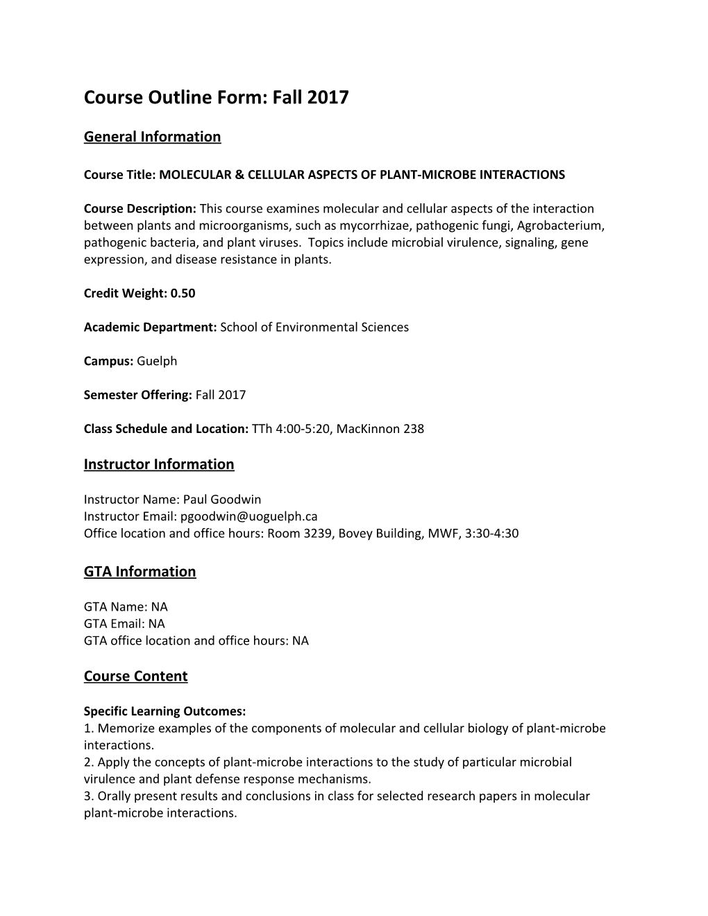 Undergraduate Course Outline Form for Fall 2015