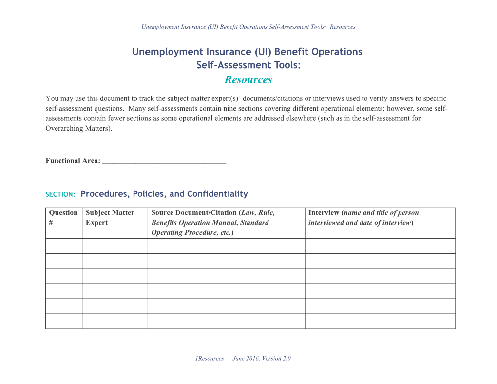 Unemployment Insurance (UI) Benefit Operations Self-Assessment Tools: Resources
