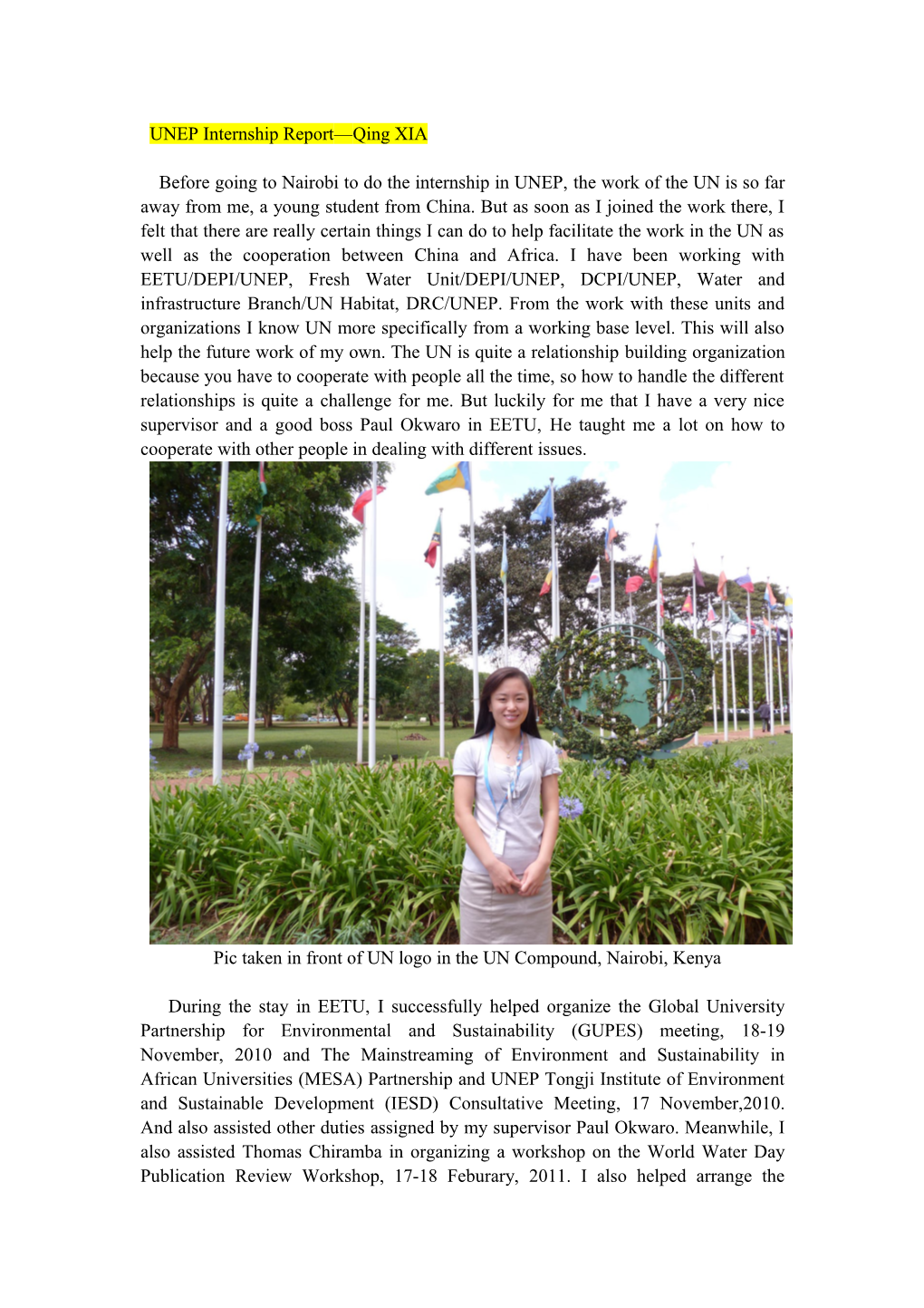 UNEP Internship Report Qing XIA