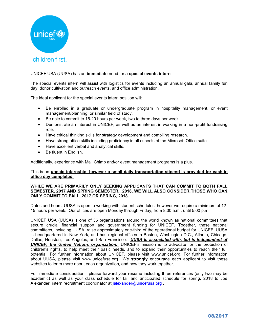 UNICEF USA (UUSA) Has an Immediate Need for a Special Events Intern