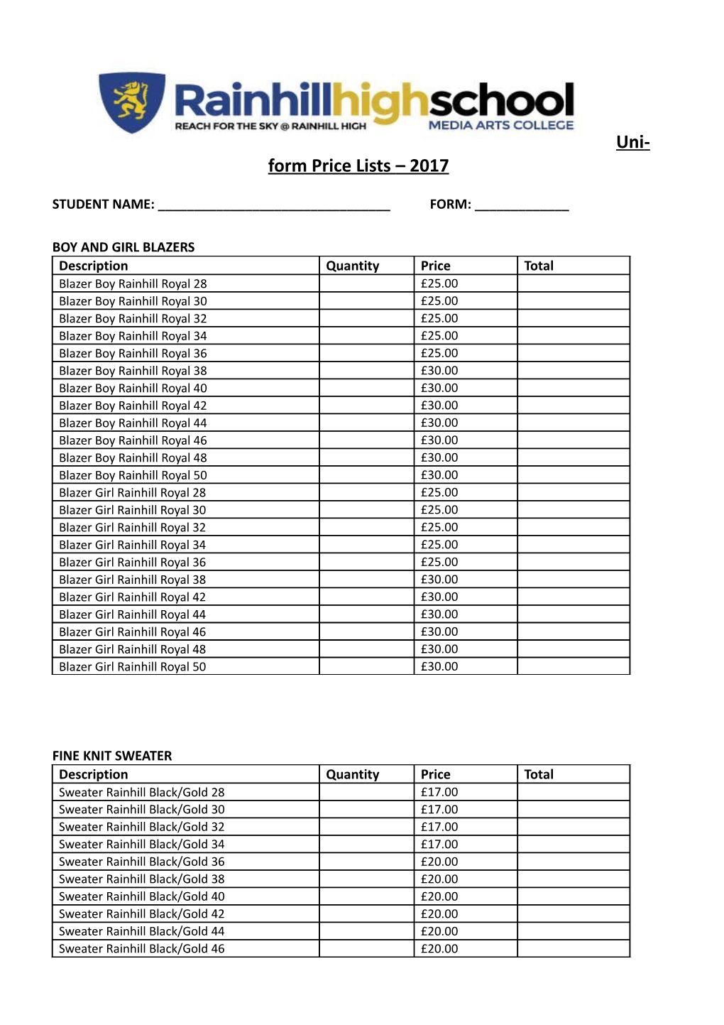 Uniform Price Lists 2017