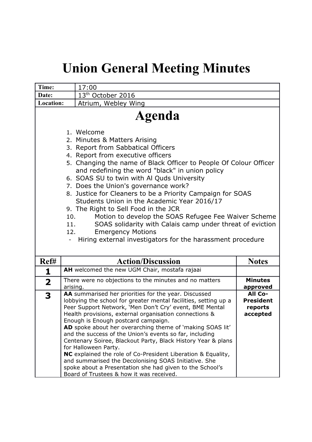 Union General Meeting Minutes