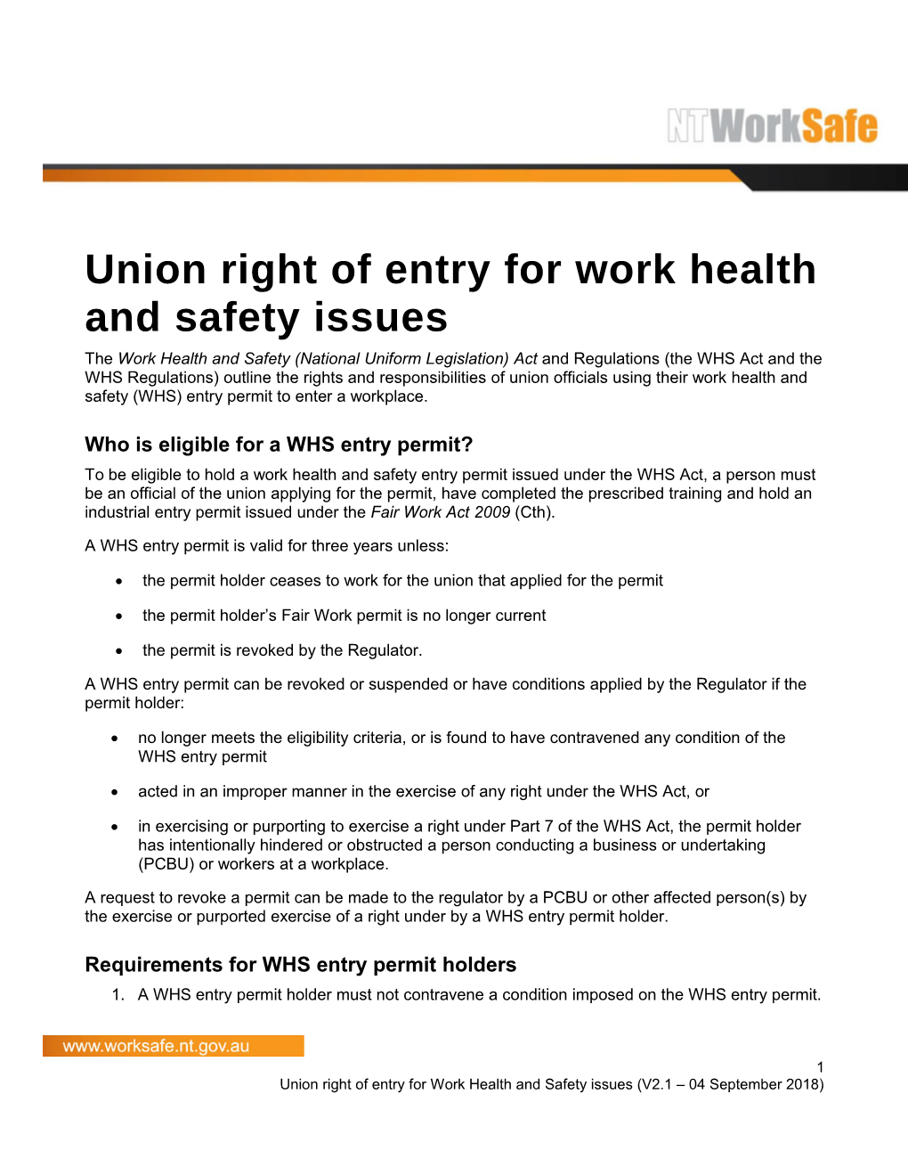 Union Right of Entry for Work Health and Safety Issues