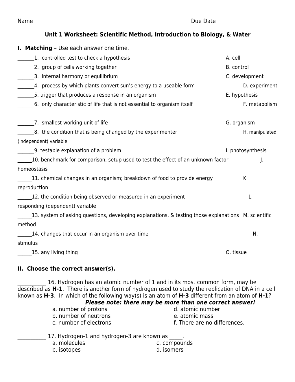Unit 1 Worksheet: Scientific Method, Introduction to Biology, & Water