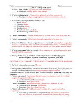 Unit 2A Ecologystudy Guide