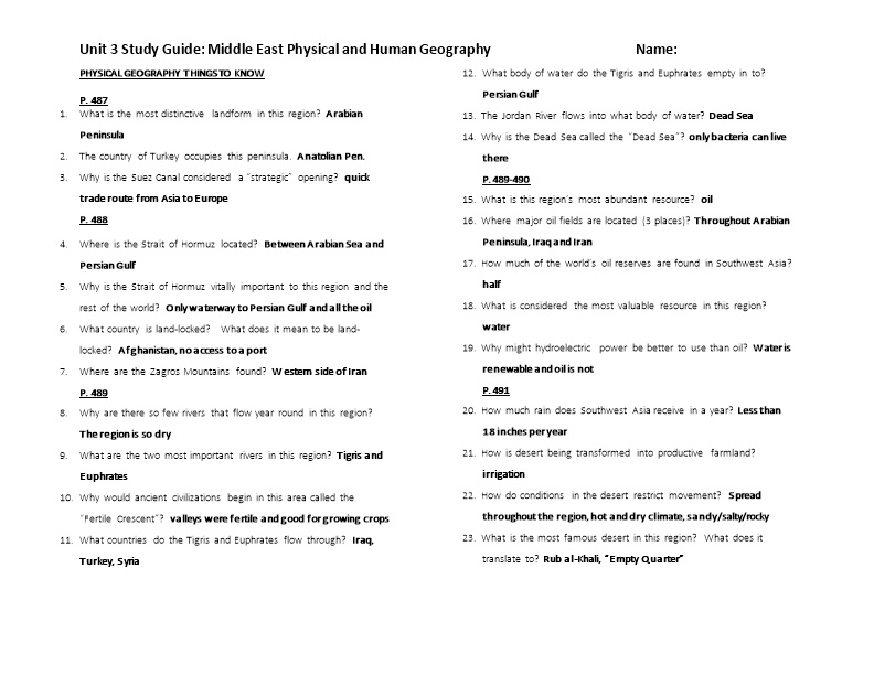 Unit 3 Study Guide: Middle East Physical and Human Geographyname