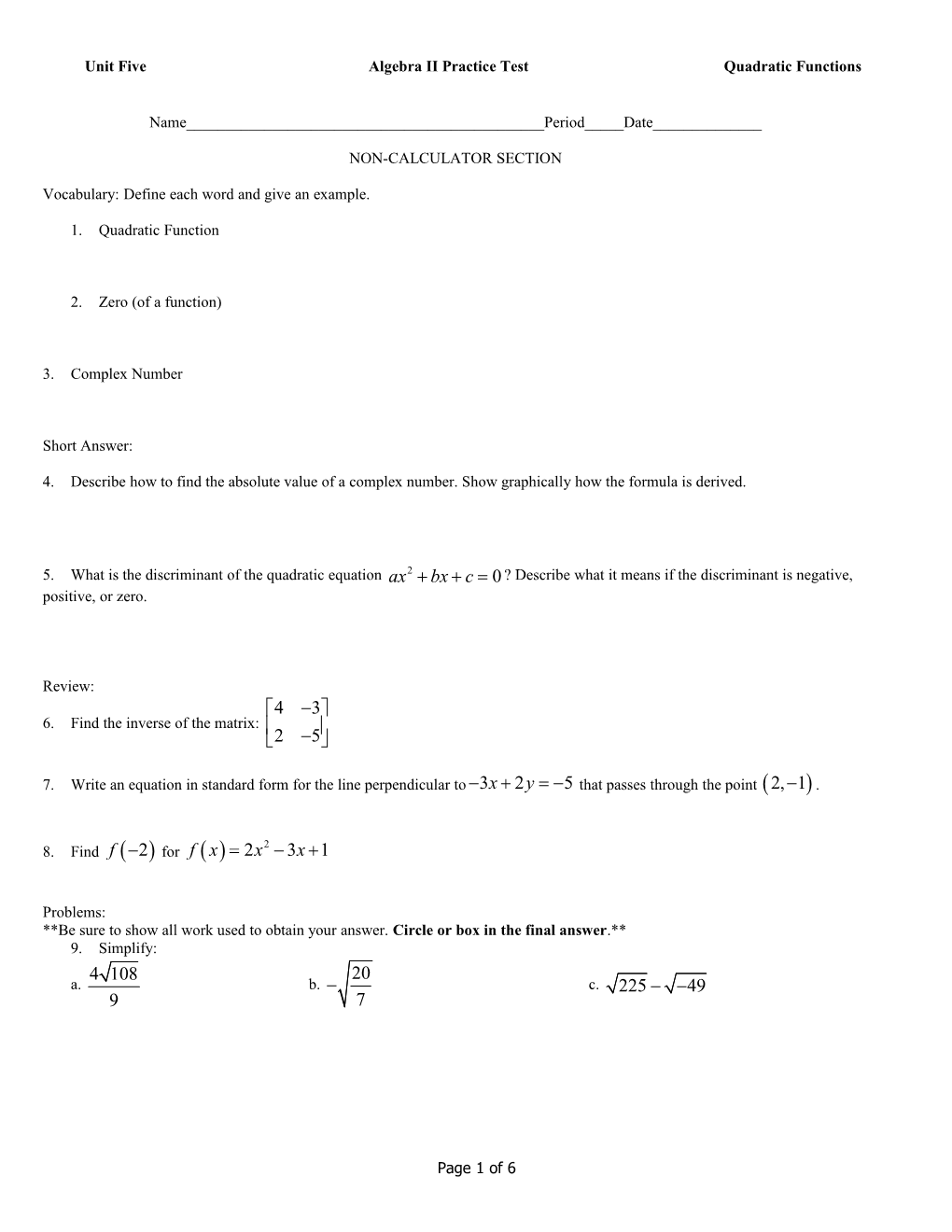 Unit Fivealgebra II Practice Testquadratic Functions