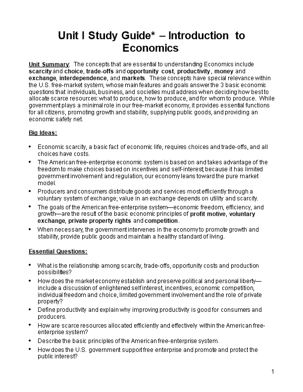 Unit I Study Guide* Introduction to Economics