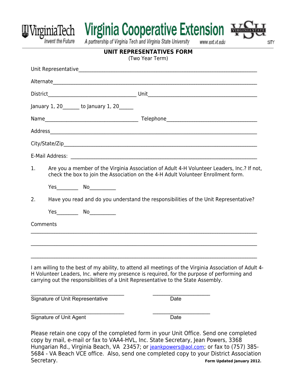 Unit Representatives Form