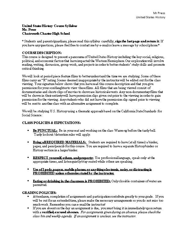 United States History Course Syllabus