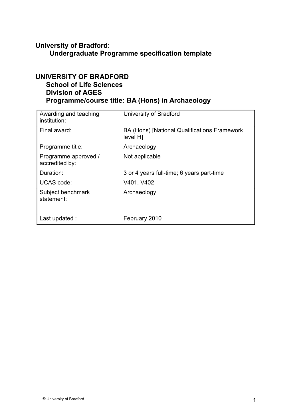 University of Bradford: Undergraduate Programme Specification Template
