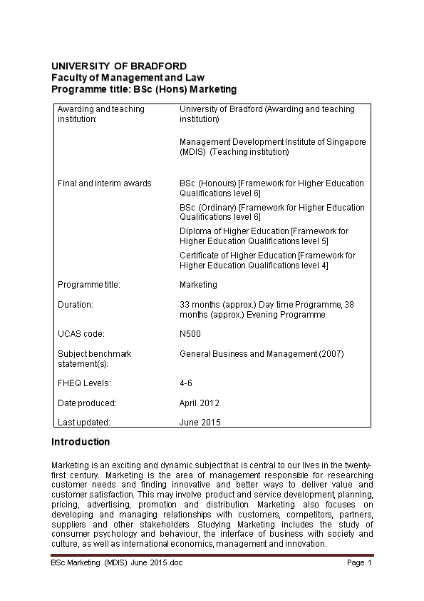 UNIVERSITY of Bradfordfaculty of Management and Lawprogramme Title: Bsc (Hons) Marketing