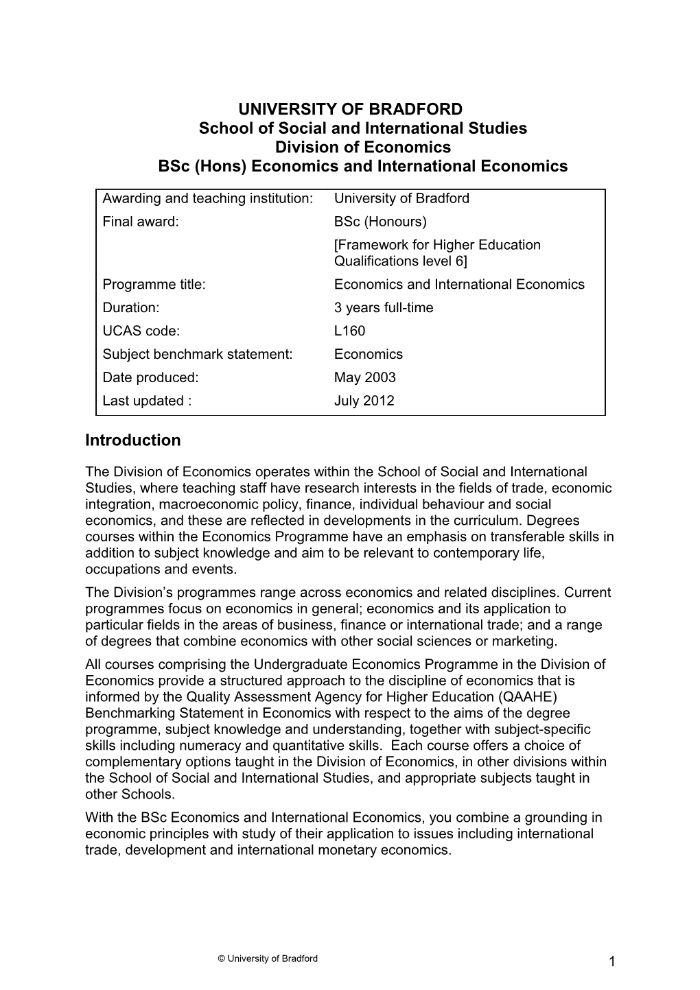 UNIVERSITY of Bradfordschool of Social and International Studiesdivision of Economicsbsc