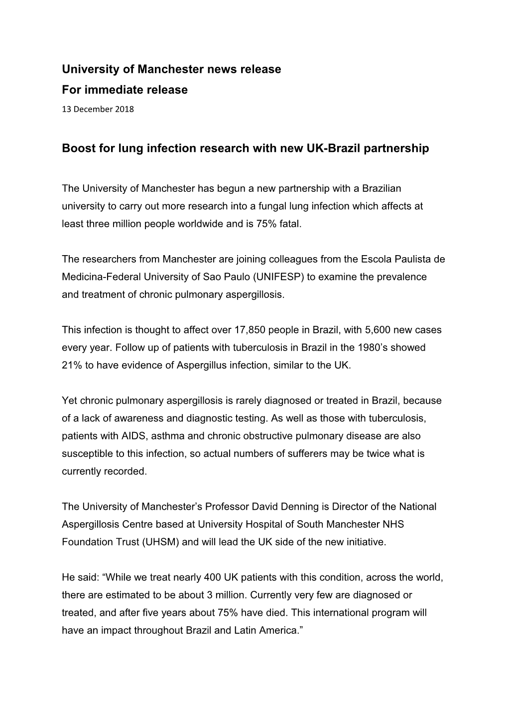 University of Manchester News Release