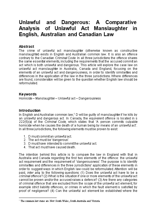 Unlawful and Dangerous: a Comparative Analysis of Unlawful Act Manslaughter in English