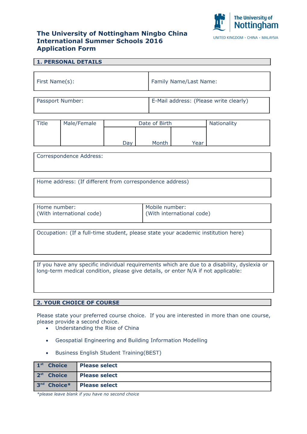 UNNC-International-Summer-School-Application-Form